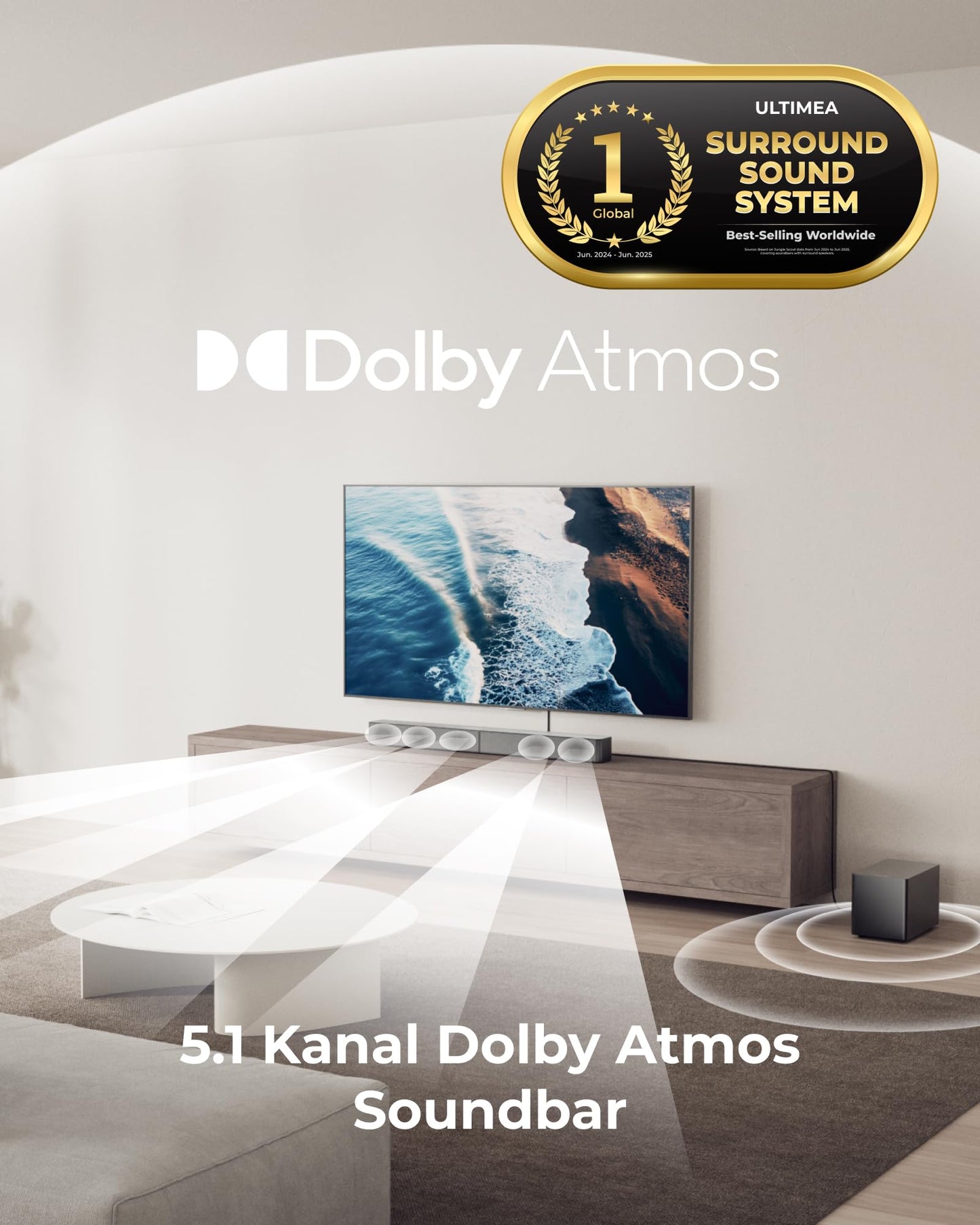 ULTIMEA 5.1ch Soundbar mit Dolby Atmos, VoiceMX, BassMX, APP, Heimkino 4D Surround Sound System, Poseidon M60 Boom